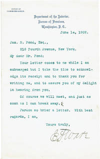 TYPED LETTER SIGNED to Impresario James B. Pond from Kansas poet &quot;IRONQUILL&quot;, EUGENE WARE. by Ware, Eugene (1841-1911). Kansas poet known as "Ironquill - 1902.