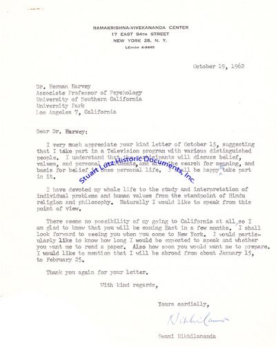 Letter By Swami Nikhilananda, Leading Hindu Scholar, About Participating In A Television Program