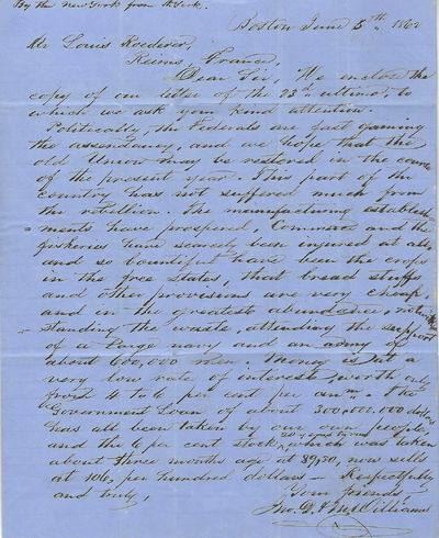 Autograph Letter Signed, Boston, June 5, 1862, to Louis Roederer, Reims, France, Discussing Wine Shipments, Bad Corks – and the Economic Effects of the Civil War