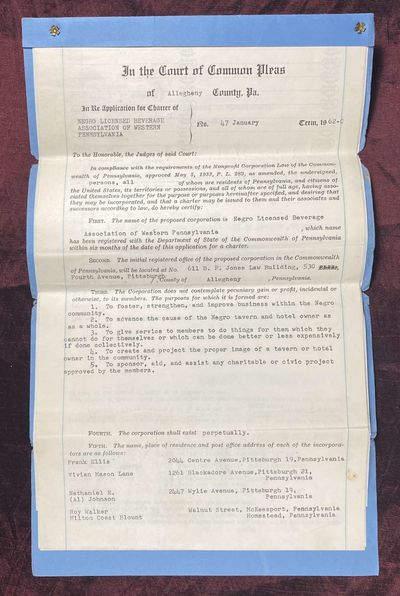 [AFRICAN AMERICAN BUSINESS - PITTSBURGH 1961]. Application for Charter of the Negro Licensed Beverage Association of Western Pennsylvania