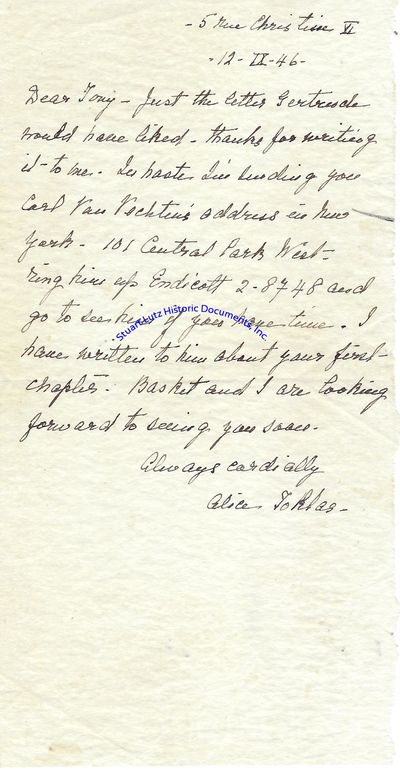 Hand-Written Letter From Alice Toklas Just Months After The Death Of Her Lover, Gertrude Stein: Just The Letter Gertrude Would Have Liked