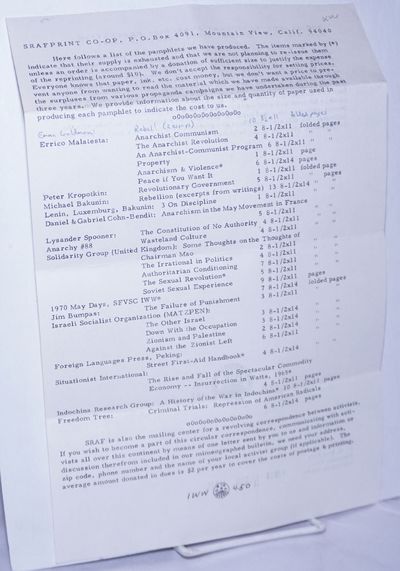 SRAFPrint Co-op [list of pamphlets offered by the printshop]