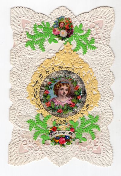 Never forget me" -- 12mo Valentine with Lace Paper, Embossed Victorian Scrap, Silver Decorated Paper
