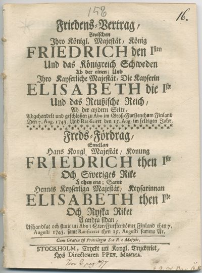 Friedens-Vertrag, zwischen ihro Königl. Majestät,…