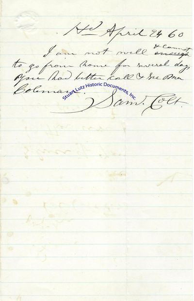Samuel Colt, Who Made The Mass Production Of Revolvers Commercially Viable, Writes Letter Discussing A Current Illness