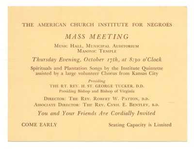 [Original invitation]: Spirituals and Plantation Songs by the Institute Quintette... Presiding: The Rt. Rev. H. St. George Tucker. You and Your Friends are Cordially Invited