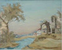 image of Silk & Watercolor Embroidered Landscape; Ancient Ruins and Farm Buildings at Dawn