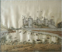 image of Crewel and Silk Embroidered Landscape; Conway Castle, North Wales with the Suspension Bridge