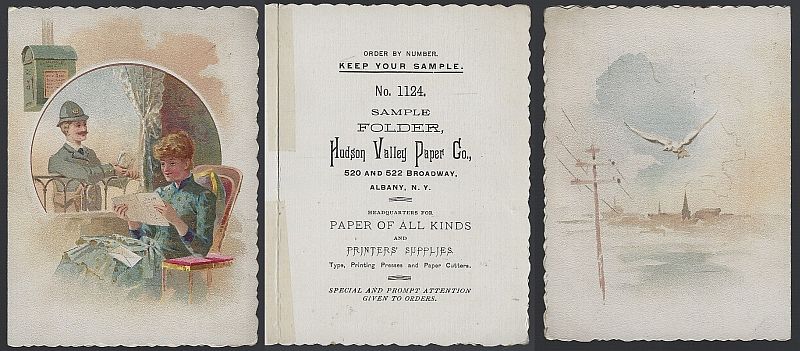 VICTORIAN SAMPLE FOLDER FOR HUDSON VALLEY PAPER CO. WITH MAILMAN AND LOVELY LADY READING A LETTER