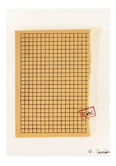 A signed & stamped collage, torn sheet of graph paper (151 x ca. 105 mm.) pasted to a blank sheet (210 x 148 mm.), both rubber-stamped with the same impression “G……” & “oal” written with black ink, Carrión’s signature on lower right of blank sheet