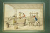 Watercolour of 3 women and man crushing grapes wine and pressing