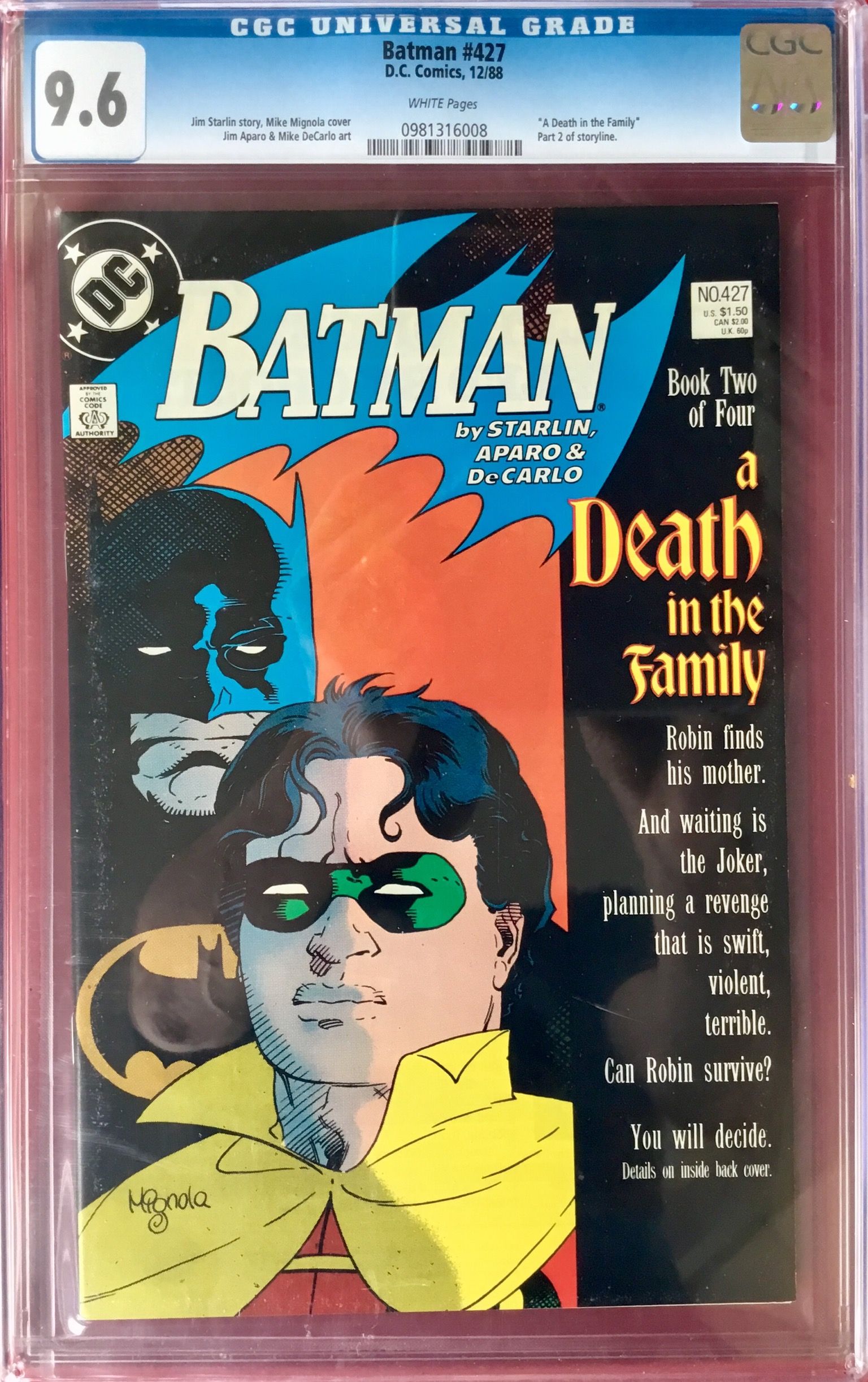 Batman No 427 Dec 1988 A Death In The Family Book Two Cgc Graded 9 6 Nm By Starlin Jim 1988
