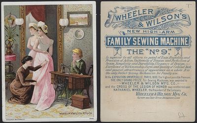 VICTORIAN TRADE CARD FOR WHEELER AND WILSON'S NO. 9 SEWING MACHINE WITH LADY BEING FITTED WITH DRESS