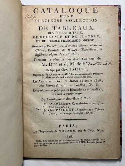 32 pp. 8vo, late 19th-cent. marbled boards, title on spine. Paris: Nouzou, 1818. Scarce sale catalog...