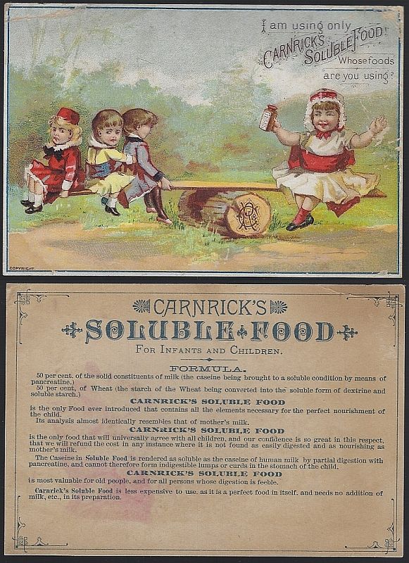 VICTORIAN TRADE CARD FOR CARNRICK'S SOLUBLE FOOD WITH CHILDREN PLAYING ON SEE SAW