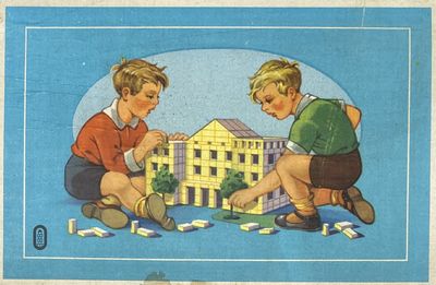 Vintage German Child's Wood Architectural Building Blocks in Wood Case with Sliding top