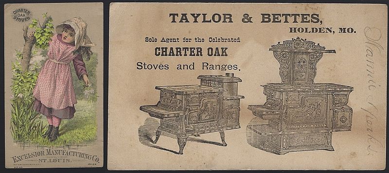 VICTORIAN TRADE CARD FOR CHARTER OAK STOVES WITH LOVELY GIRL OUTSIDE