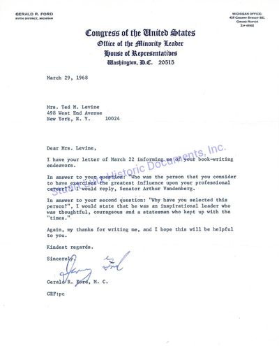 Congressman Gerald Ford States That Senator Arthur Vandenberg Had The Greatest Influence On His Career