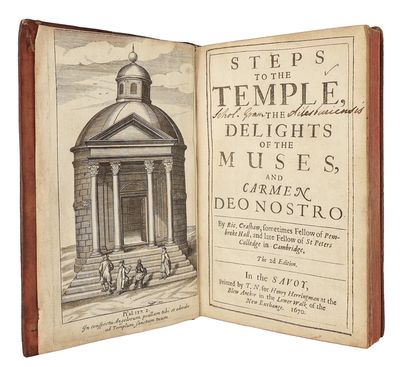 Steps to the Temple, The Delights of the Muses and Carmen Deo Nostro. By Ric. Crashaw, sometimes Fellow of Pembroke Hall, and late fellow of St Peters Colledge in Cambridge. The 2nd Edition. London: In the Savoy, Printed by T.N. for Henry Herringman at the Blew Anchor in the Lower Walk of the New Exchange. 1670 BOUND WITH: Poemata et Epigrammata, quae scripsit Latina & Græca, dum Aulae Pemb. Alumnus fuit, et Collegii Petrensis Socius. Editio Secunda