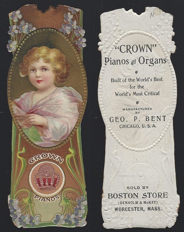 VICTORIAN DIE CUT TRADE CARD FOR CROWN PIANOS WITH LOVELY YOUNG LADY