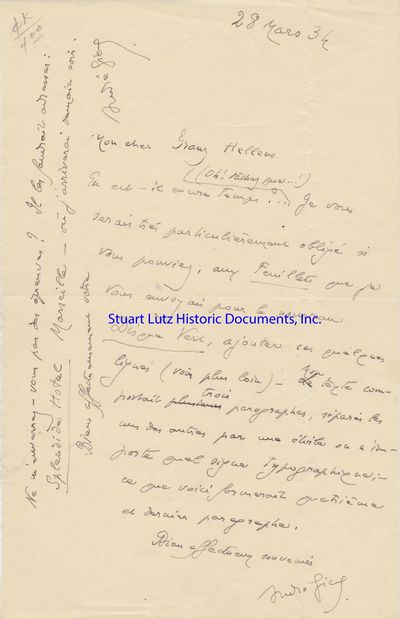 Nobel Prize-Winning French Author Andre Gide Requests Modifications To His Submission To A Literary Magazine