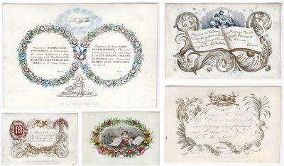 A collection of five (5) Betrothals finely printed on porcelain or coated card stock c.1850s