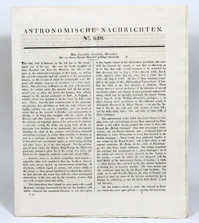 [Obituary Notice of] Miss Caroline Lucretia Herschel, Astronomische Nachrichten, No. 629
