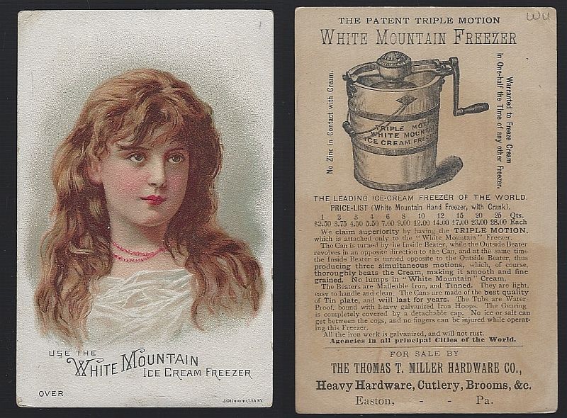 VICTORIAN TRADE CARD FOR WHITE MOUNTAIN ICE CREAM FREEZER WITH LOVELY YOUNG LADY