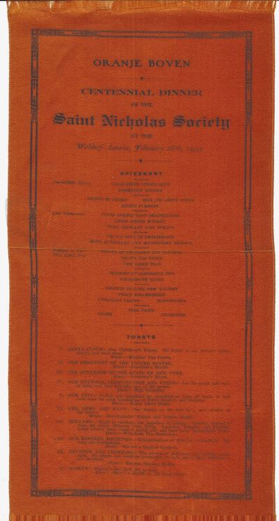, 1935. Menu printed on orange silk (30.5 x 15.3 cm.), page. Printed verso only. Menu for a banquet ...