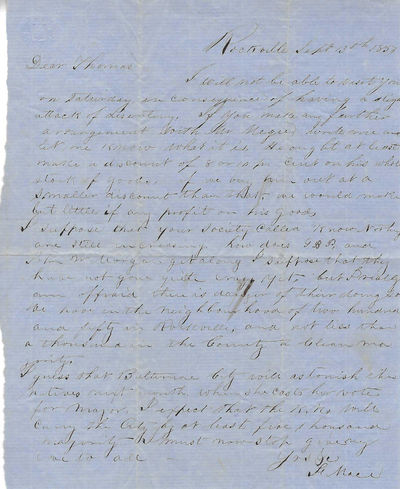 , Autograph Letter Signed, Rockville, Maryland, September 18, 1853, to Thomas P. Jones, Cecilton, Maryland, Predicting a “Know Nothing” Electoral Victory in Baltimore
