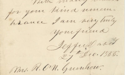 Pre-War Letter of Jefferson Davis to the Confederacy’s Most Famous Spy, Rose O’Neal Greenhow