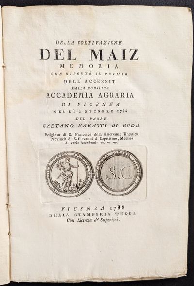 Vicenza: Stamperia Turra, 1788. 8vo. 210x140 mm., .? 112.pp. Title-page vignette of the emblem of t...