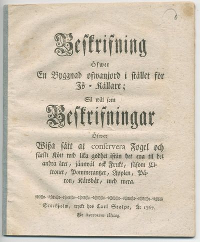 Beskrifning öfwer en byggnad ofwanjord i stället…
