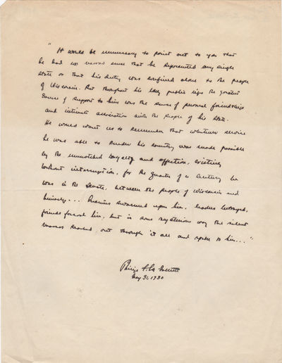 [Autograph Quote Signed] Wisconsin Politician Philip F. La Follette's Fond Tribute to his Father, Robert M. La Follette