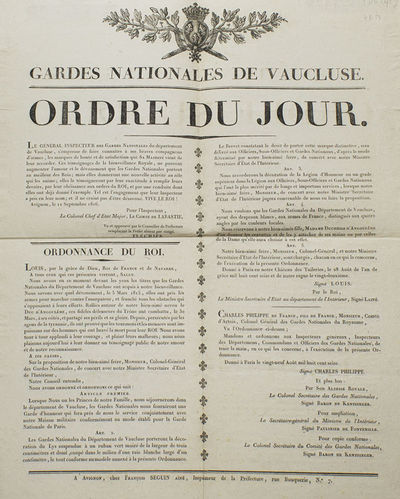Gardes Nationales de Vauclues. Ordre du Jour