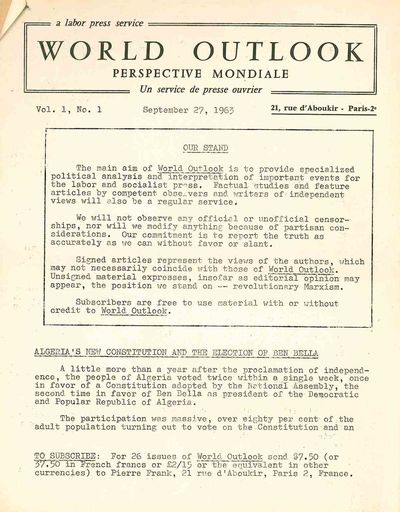 World Outlook: Perspective Mondiale. Un Service de Presse Ouvrier/A Labor Press Service. Vol. I, No. 1 (27 September 1963) through Vol. VI, No. 16 (26 April 1968)