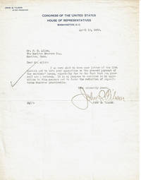 image of TYPED LETTER TO MERIDEN GRAVURE ABOUT THE BONUS ARMY SIGNED BY CONNECTICUT REPRESENTATIVE JOHN Q. TILSON.