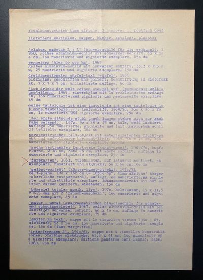[CONCRETE POET'S AUTO-BIBLIOGRAPHY, 1970-1971]. Lieferbare multiples, Mappen, Bücher, Kataloge, Plakate