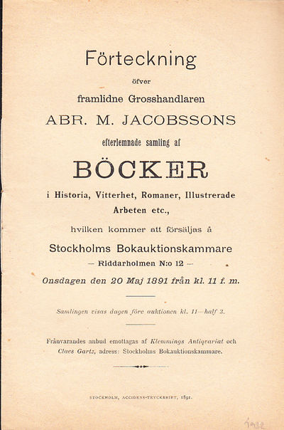 Förteckning öfver framlidne Grosshandlaren Abr.…