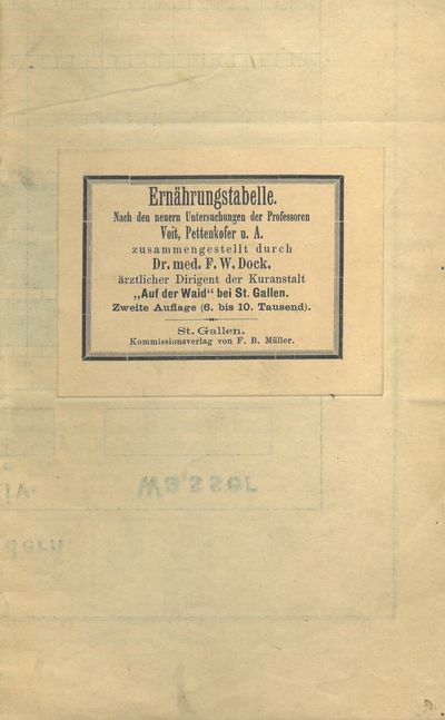 Ernährungstabelle nach den neuern Untersuchungen der Professoren Voit, Pettenkofer & Andern, zusammengestellt durch Dr. Dock auf der Waid, St. Gallen, Schwiz. (photo 2)