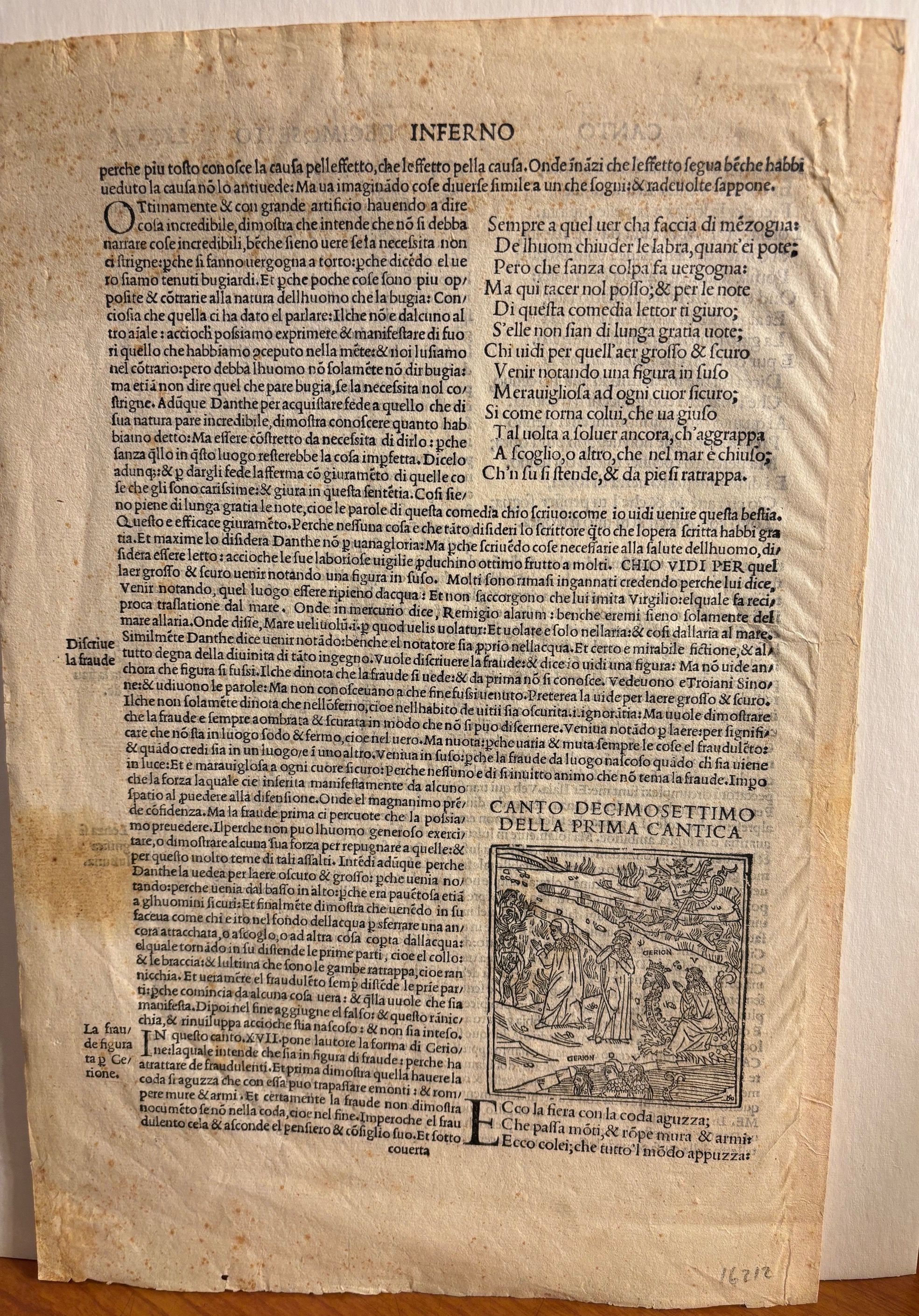 Original 15th Century Dante Inferno Single Leaf. [c1491-1500]. La