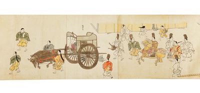 Illustrated scroll on paper, entitled on manuscript label on outside of beginning of scroll “Kamo Aoi no matsuri” [“Aoi Matsuri Festival in Kamo Shrines”]