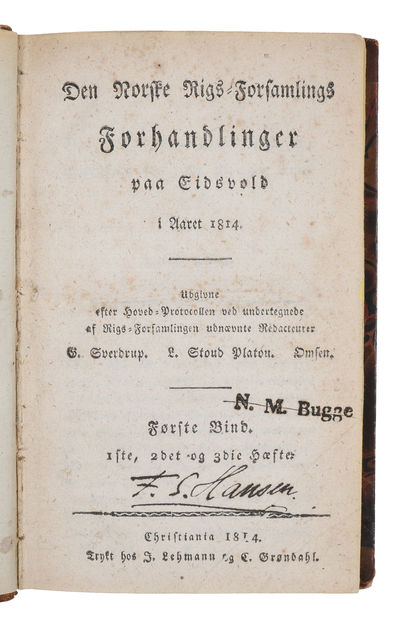 Den Norske Rigs=Forsamlings Forhandlinger paa Eidsvold i Aaret 1814. Udgivne efter Hoved=Protocollen ved undertegnede af Rigs=Forsamlingen udnævnte Redacteurer G. Sverdrup, L. Stoud Platou, Omsen. 1.-6. Hæfte (All published) - [THE NORWEGIAN CONSTITUENT ASSEMBLY OF EIDSVOLL - WHEN NORWAY BECAME AN INDEPENDENT STATE] (photo 2)