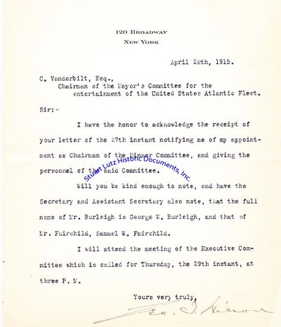 Archive Of Letters From Early 20th Century Insurance Executive George Wilson Regarding Entertaining The U.S. Atlantic Fleet And Yachting