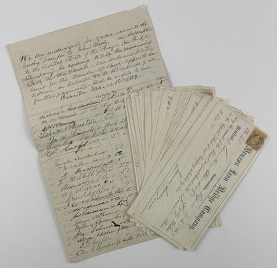[Manuscript Document Relating to the Transfer of Shares in the Brazos Iron Bridge Company, Accompanied by Thirteen Receipts for Transfer of Shares]