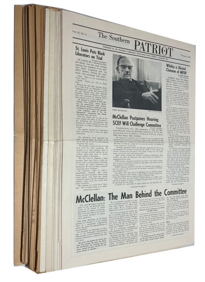 The Southern Patriot. Sixty-six issues: Vol. 23, No. 9 (Nov., 1965); Vol. 25, Nos. 8-10, (Sept.-Nov., 1967); Vol. 26, Nos. 1-4. 6 and 9 (Jan.-April, June and Nov., 1968); Vol. 27, Nos. 2, 7 and 10 (Feb., Sept. and Dec., 1969); Vols. 28, Nos. 1-4, and 6-10(Jan.-April, June and Sept,-Dec., 1970); Vol. 29, Nos. 1, 3-5 and 8 (Jan., March-May and Oct., 1971); Vol. 30, Nos. 2 and 10 (Feb. and Dec., 1972): Vol. 31, Nos. 1-10, (Jan.-June and Sept-Dec., 1973); Vol. 32, Nos. 1-10, (January-June/July and Sept.-Dec., 1974); Vol. 33, Nos. 1, 3-10 (Jan., March-June/July, Sept.-Dec., 1975); and Vol. 34, Nos. 1-8 (January-June/July, Sept. and Dec., 1976)
