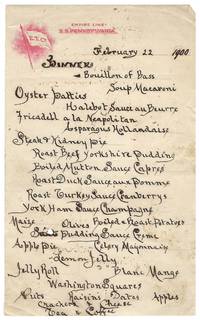 Manuscript Dinner Menu Aboard the Empire Line's SS Pennsylvania