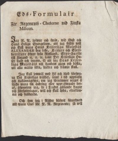 Eds-formulair för Regements-Cheferne wid Finska…