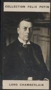 Photographie de la collection Félix Potin (4 x 7,5 cm) représentant : Lord Chamberlain, homme politique anglais. Début XXe. Vers 1900.