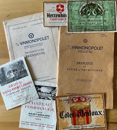 To prislister fra Vinmonopolet 1937. Vedlagt fem…
